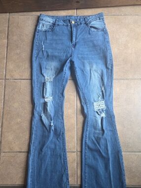 Women's Distressed Flared Jeans - Blue
